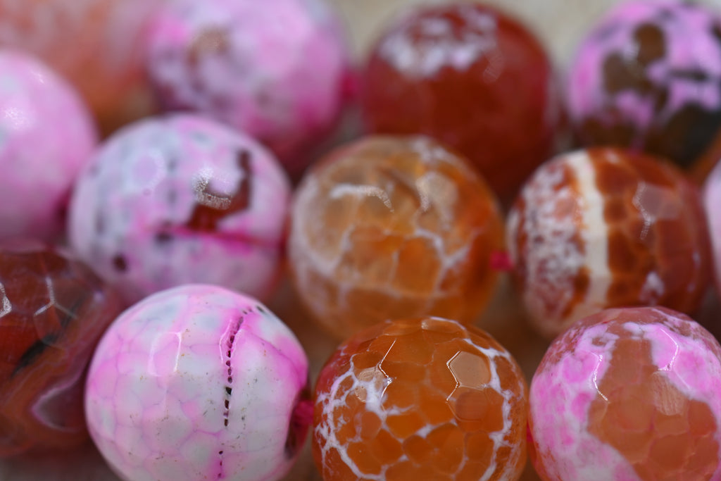Pink Faceted Natural Fire Crackle Agate Beads Strands, Round, 12mm