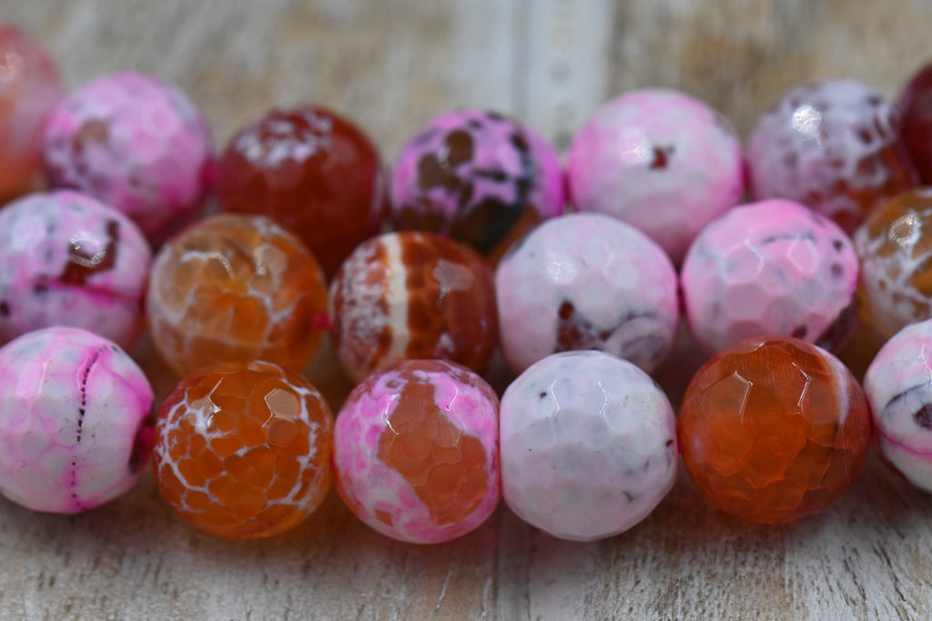 Pink Faceted Natural Fire Crackle Agate Beads Strands, Round, 12mm