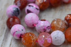 Pink Faceted Natural Fire Crackle Agate Beads Strands, Round, 12mm