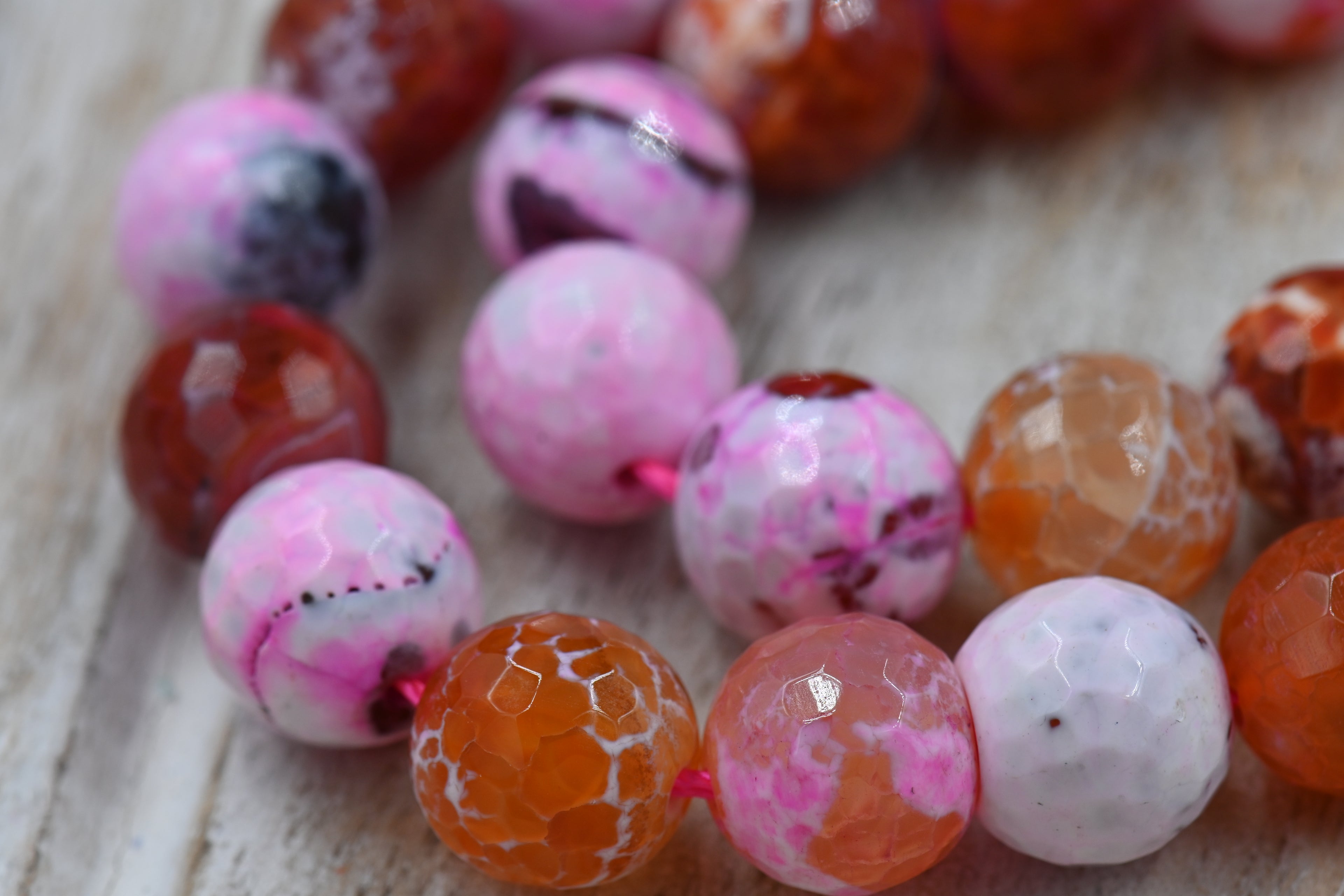 Pink Faceted Natural Fire Crackle Agate Beads Strands, Round, 12mm