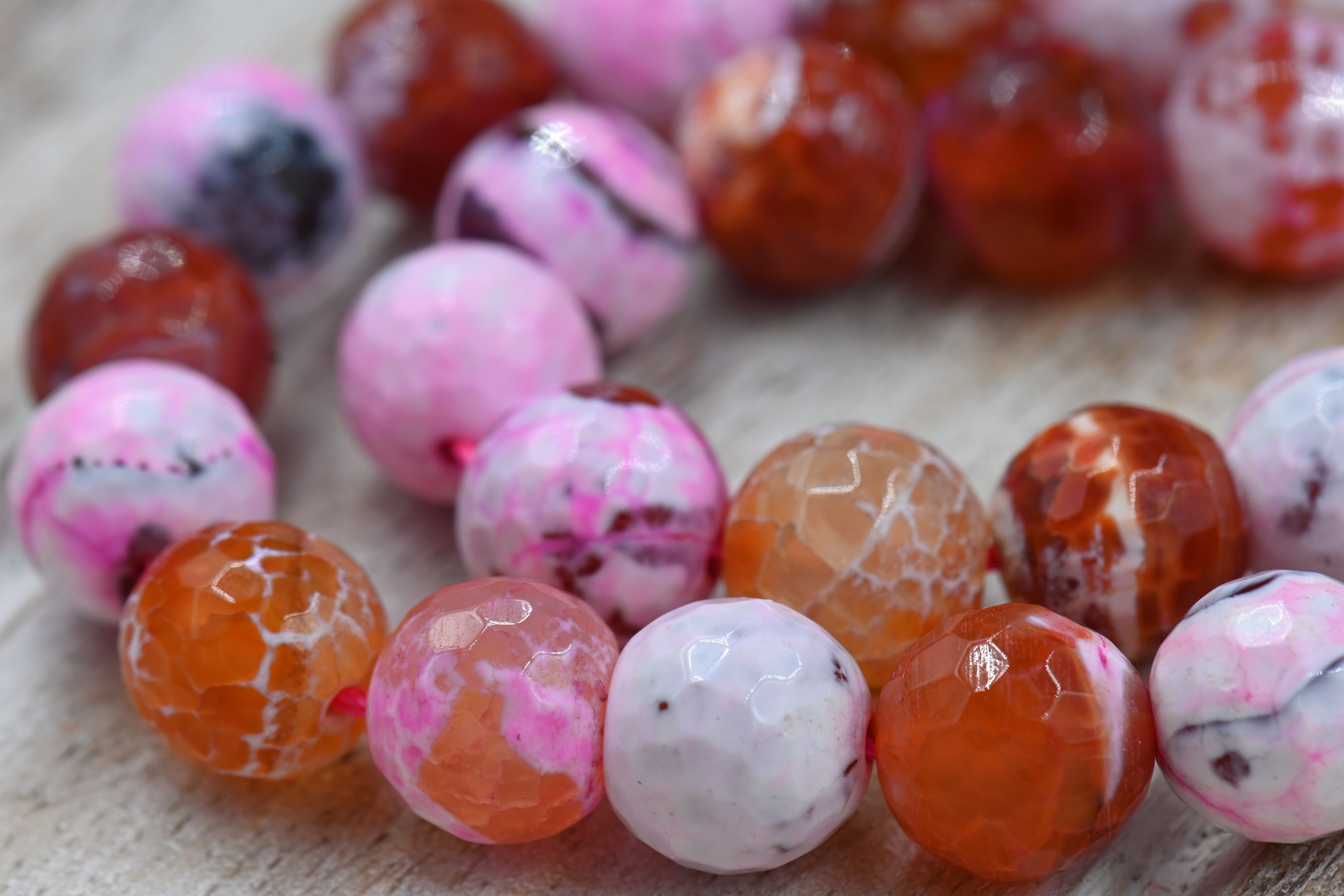 Pink Faceted Natural Fire Crackle Agate Beads Strands, Round, 12mm