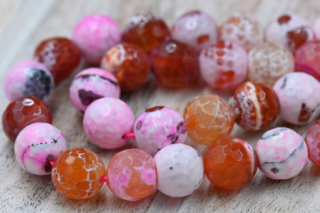 Pink Faceted Natural Fire Crackle Agate Beads Strands, Round, 12mm