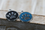 Enamel Charms, with Platinum Plated Alloy Findings and Glitter Powder, Flat Round with Dog Paw Prints