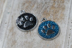 Enamel Charms, with Platinum Plated Alloy Findings and Glitter Powder, Flat Round with Dog Paw Prints