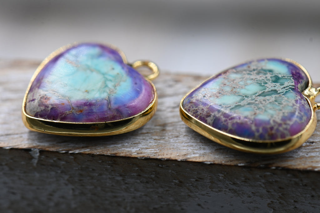 Heart Charm Impression Jasper Purple and Turquoise 15x16mm, 1pc