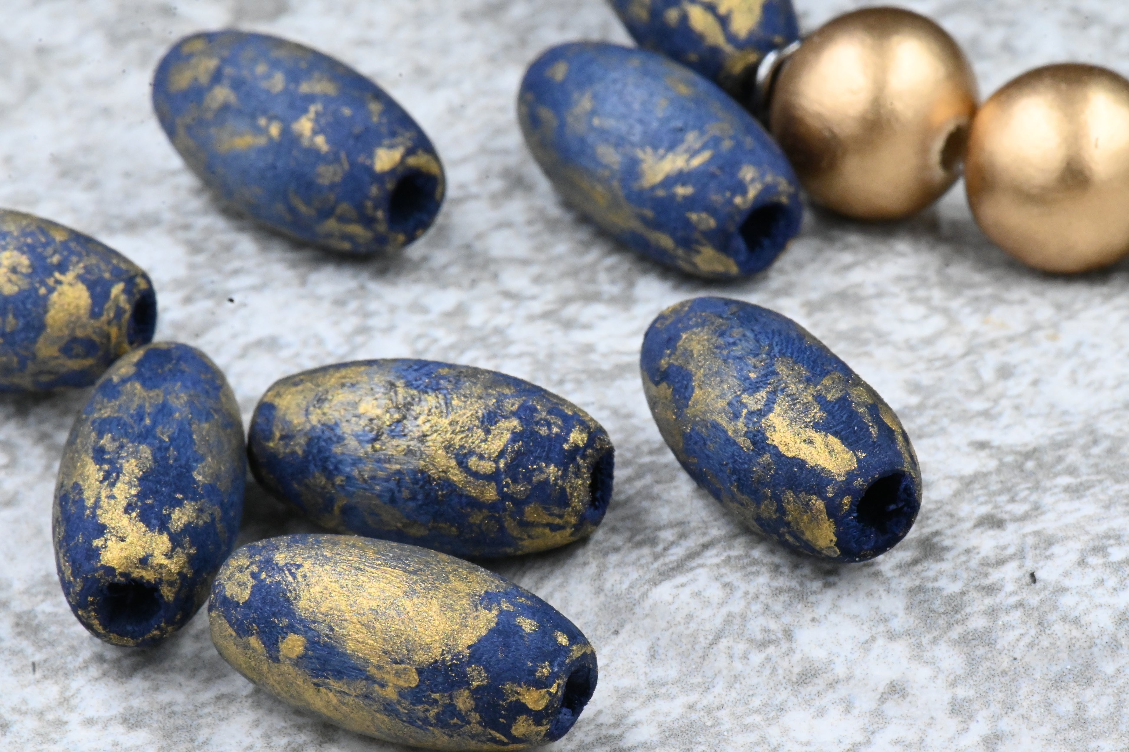 Midnight Blue Wood Gold Frosted Beads, Large Hole 20mm, 16pc
