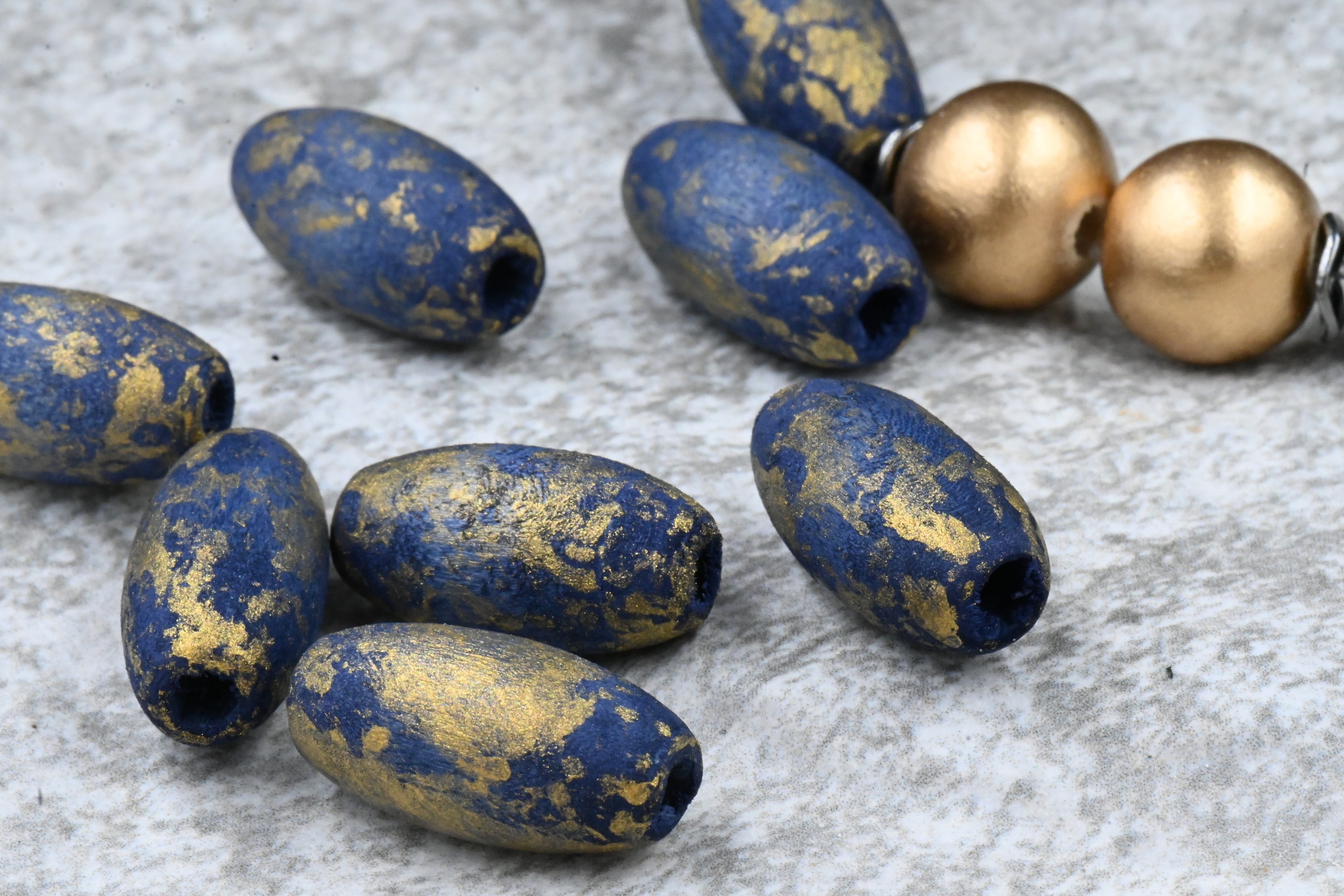 Midnight Blue Wood Gold Frosted Beads, Large Hole 20mm, 16pc