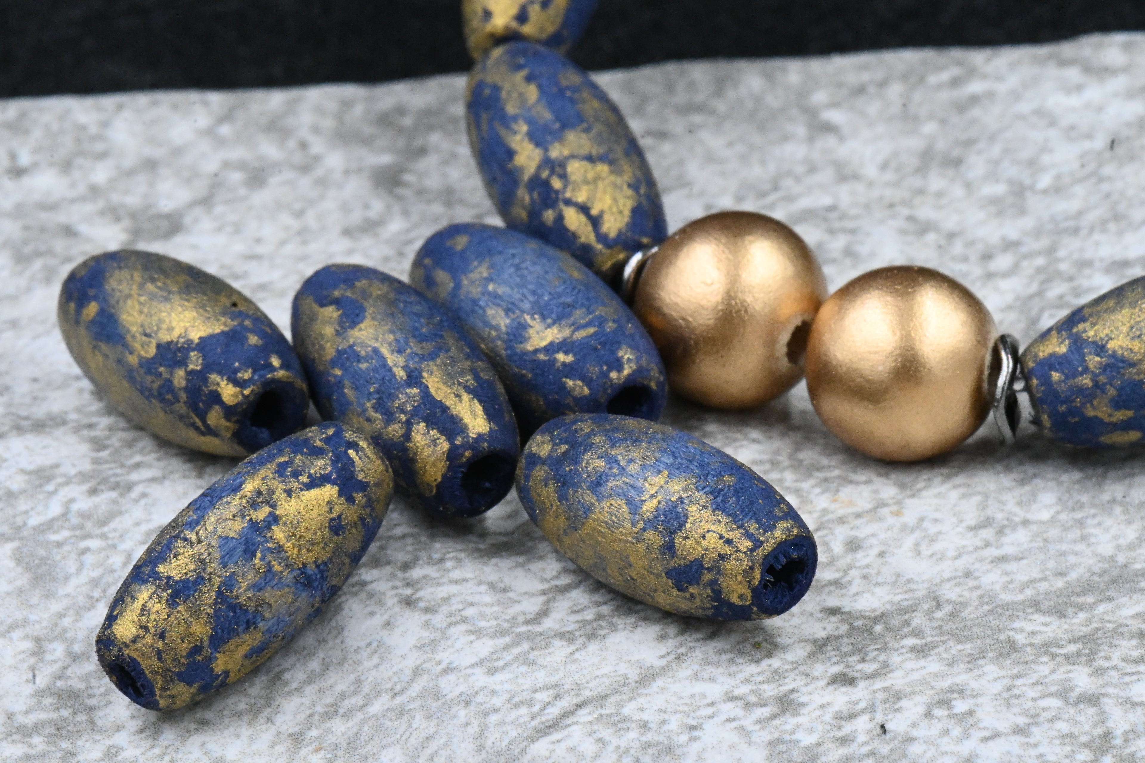 Midnight Blue Wood Gold Frosted Beads, Large Hole 20mm, 16pc