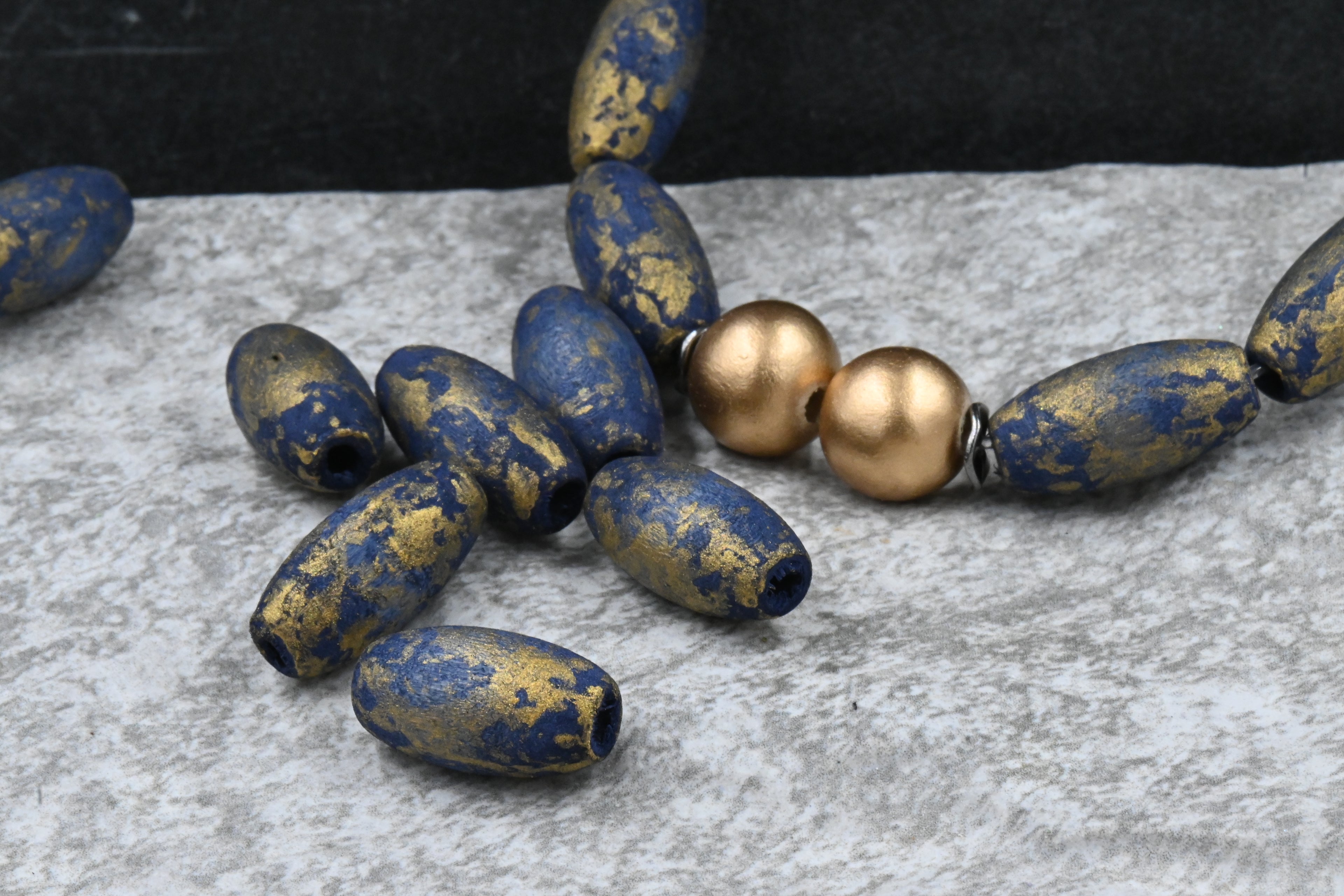 Midnight Blue Wood Gold Frosted Beads, Large Hole 20mm, 16pc