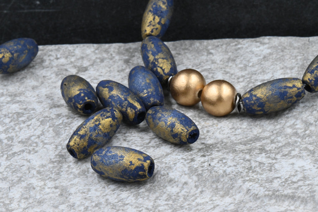 Midnight Blue Wood Gold Frosted Beads, Large Hole 20mm, 16pc