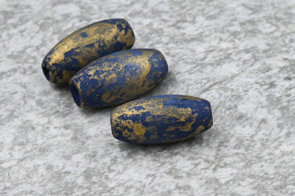 Midnight Blue Wood Gold Frosted Beads, Large Hole 20mm, 16pc