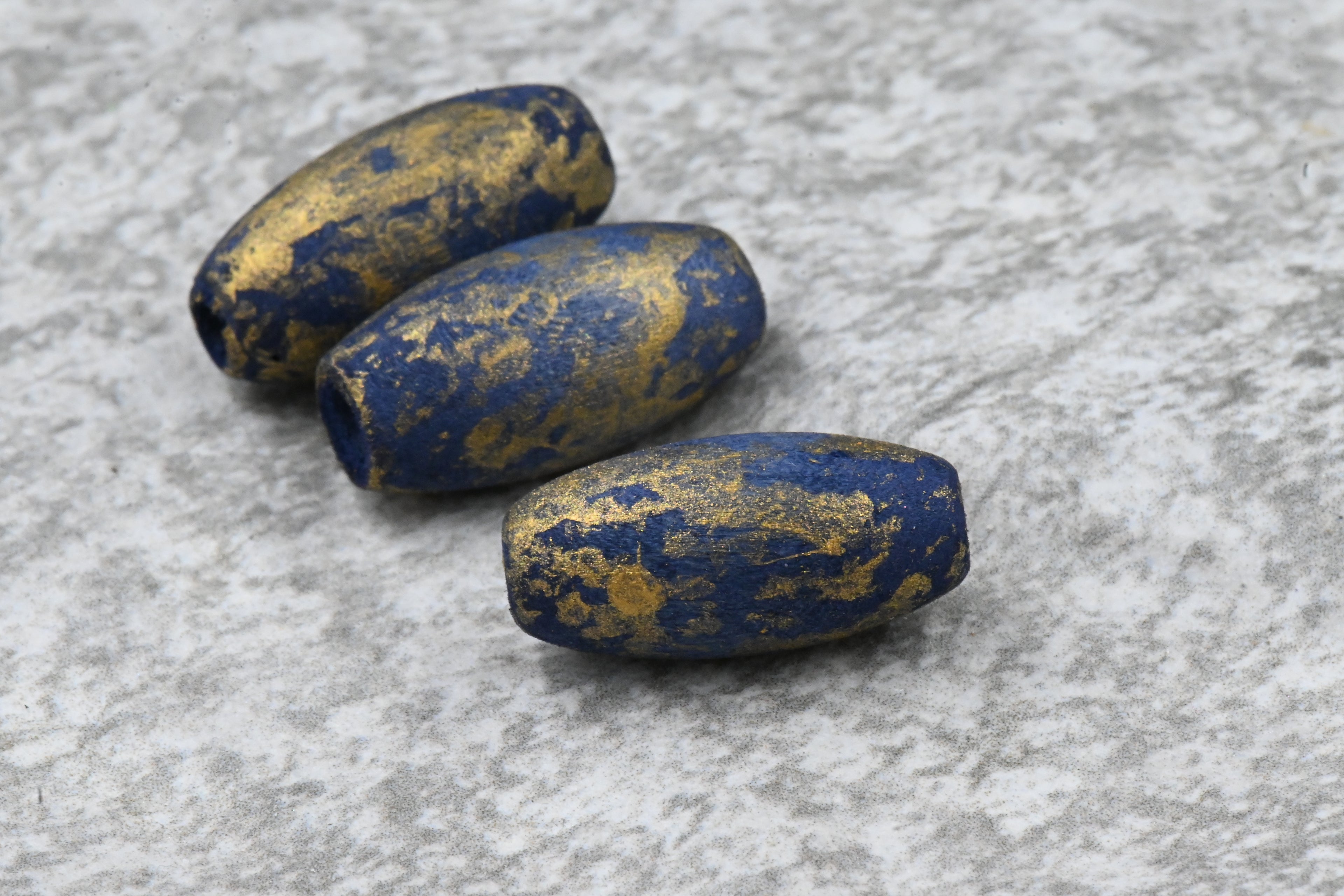 Midnight Blue Wood Gold Frosted Beads, Large Hole 20mm, 16pc