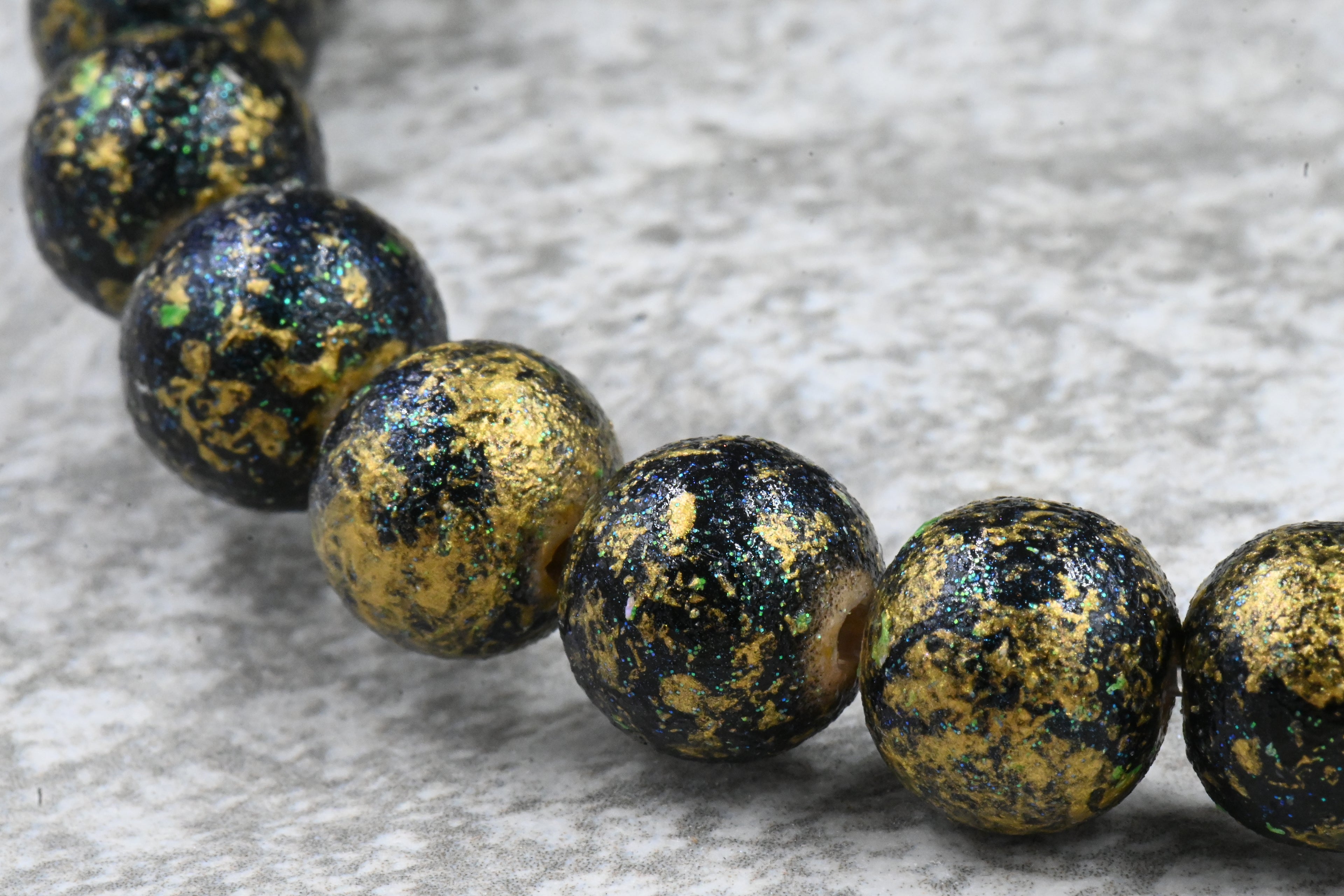 10mm Dark Forrest Green Shimmer Gold Grost Wood Beads, 16 inch strand