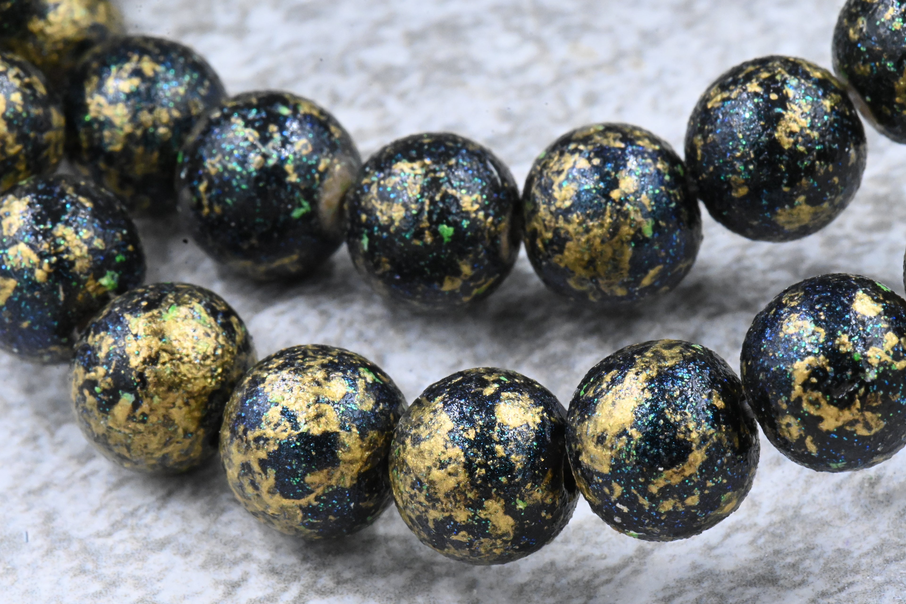 10mm Dark Forrest Green Shimmer Gold Grost Wood Beads, 16 inch strand