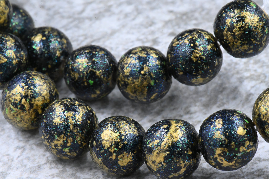 10mm Dark Forrest Green Shimmer Gold Grost Wood Beads, 16 inch strand