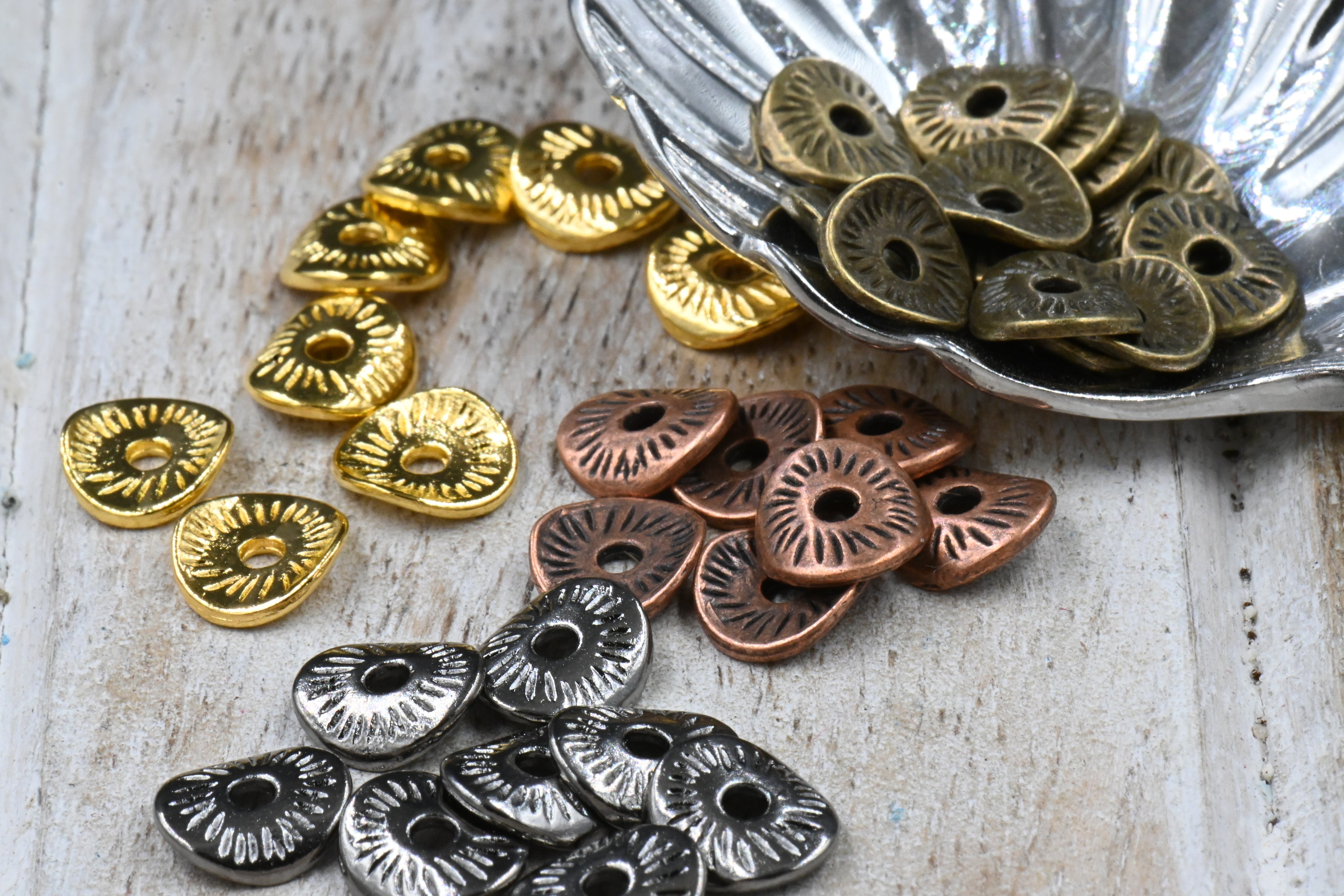 Curved Spacer beads, Flat Disk Antique Bronze, Antique Copper, Gunmetal