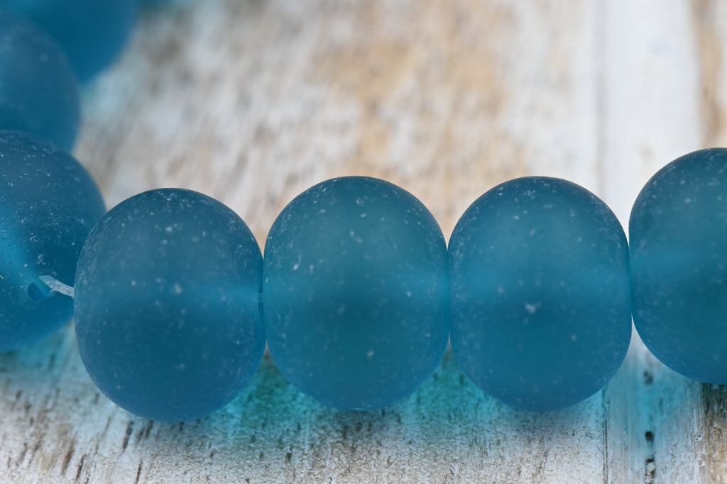 Large Teal Blue Seaglass Puffed Rondelle 14x10mm Beach Glass Beads 10pc