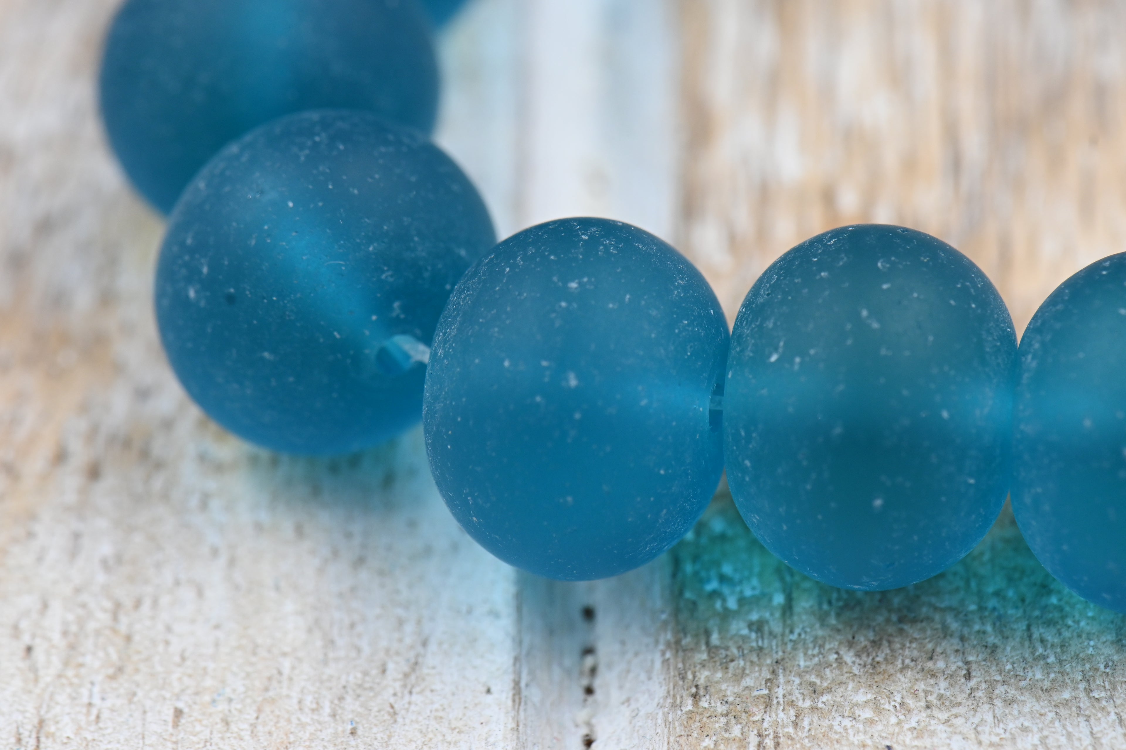 Large Teal Blue Seaglass Puffed Rondelle 14x10mm Beach Glass Beads 10pc