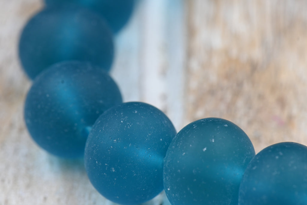 Large Teal Blue Seaglass Puffed Rondelle 14x10mm Beach Glass Beads 10pc