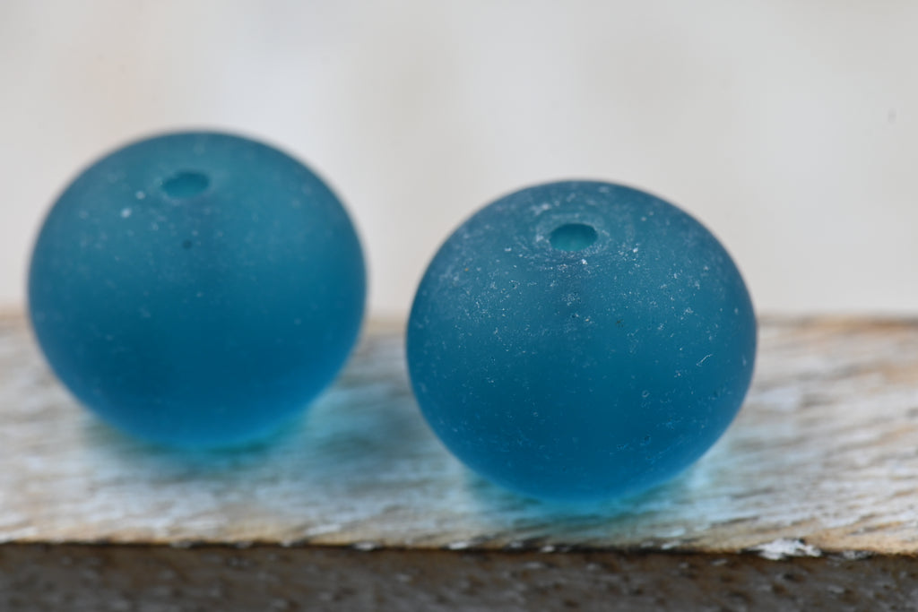 Large Teal Blue Seaglass Puffed Rondelle 14x10mm Beach Glass Beads 10pc