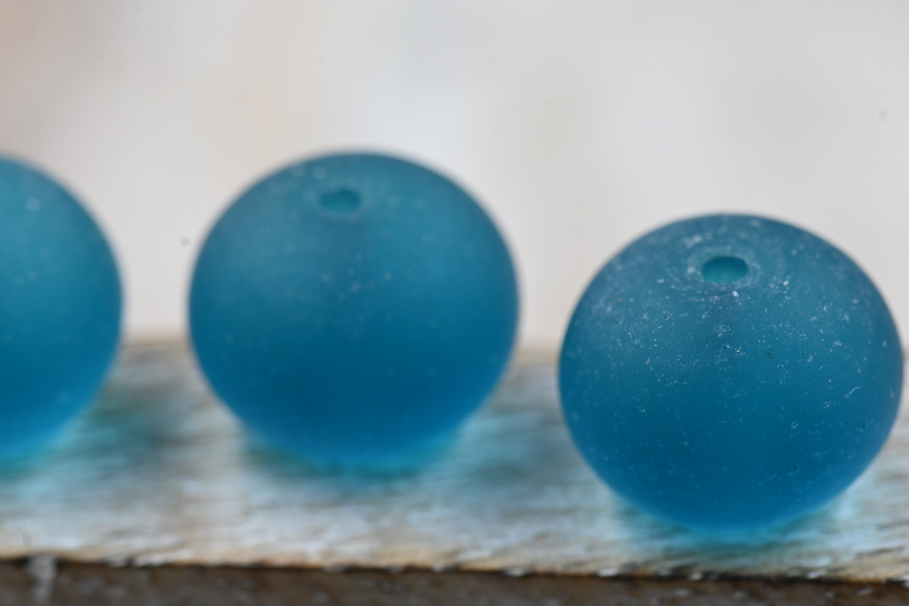 Large Teal Blue Seaglass Puffed Rondelle 14x10mm Beach Glass Beads 10pc