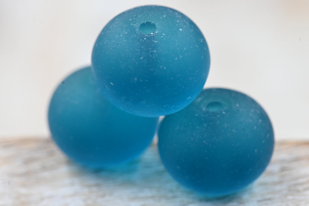Large Teal Blue Seaglass Puffed Rondelle 14x10mm Beach Glass Beads 10pc