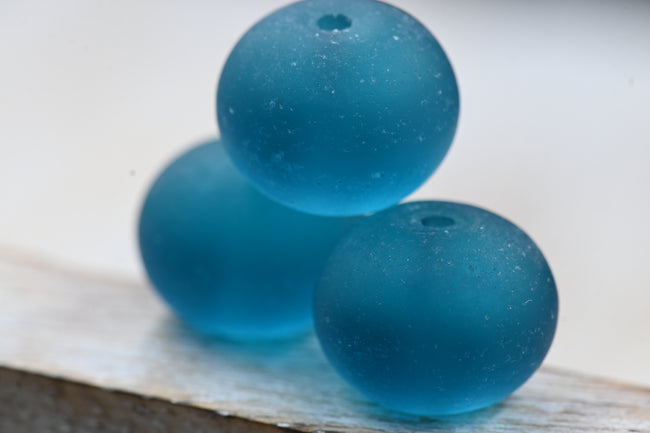 Large Teal Blue Seaglass Puffed Rondelle 14x10mm Beach Glass Beads 10pc Hover Image