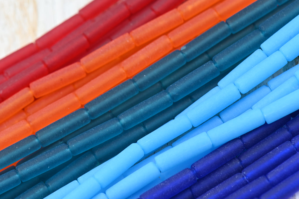 Two Strands Sea Glass Beads 14mm Tube Beads 14x4mm Recycled Seaglass Tube Beads