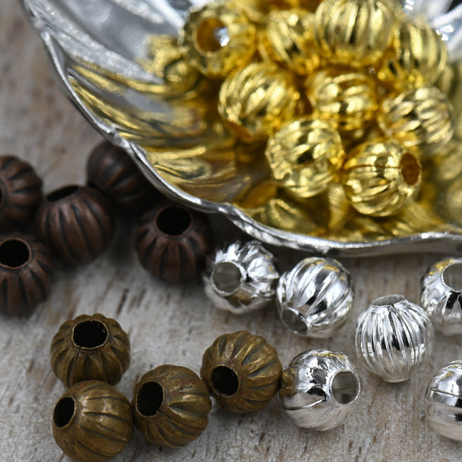 8mm Corrugated Iron Spacer Beads – Red Copper, Bronze, Silver, Gold, Textured Round Metal Beads for Jewelry Making (50 pcs) Hover Image