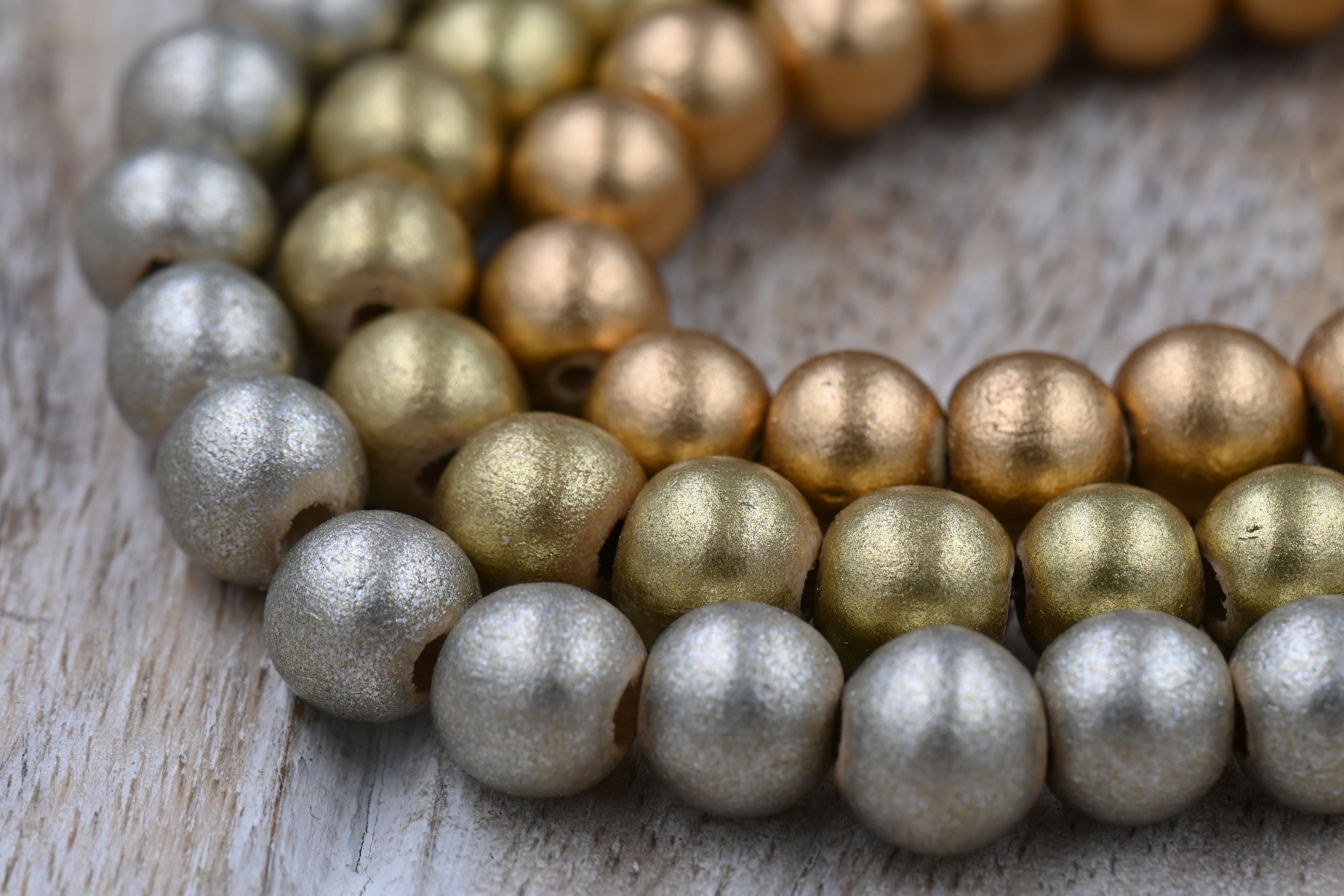 Golden Trio Wood Bead Kit – 8mm Waxed Finish, 3 Metallic Shades