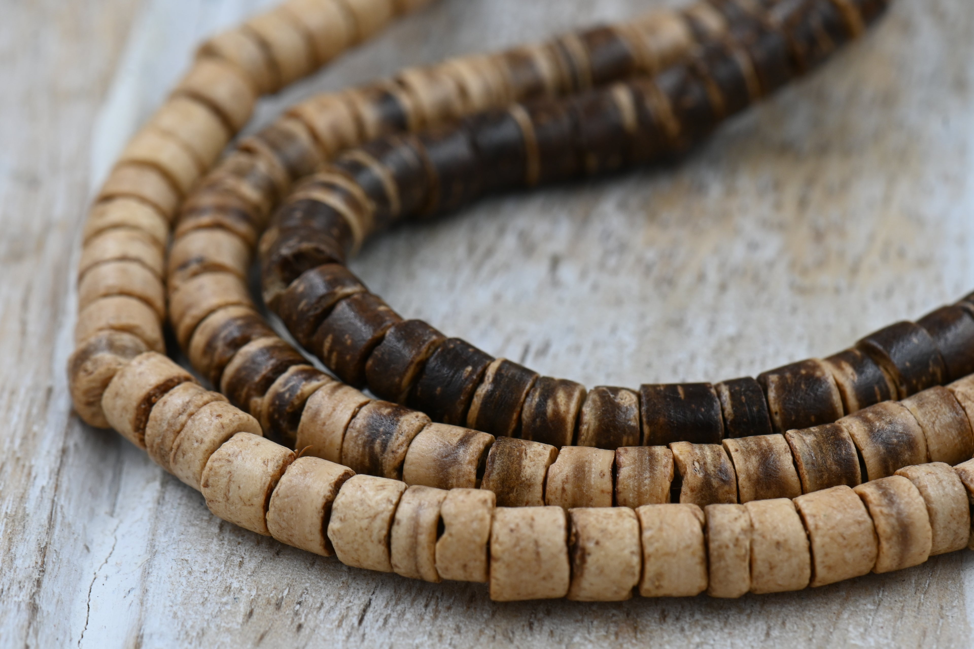 Coconut Shell Heishi Beads — 22″ Strand of Polished Brown Heishi (4×5mm) in Natural Beige, Tiger Brown, or Dark Brown