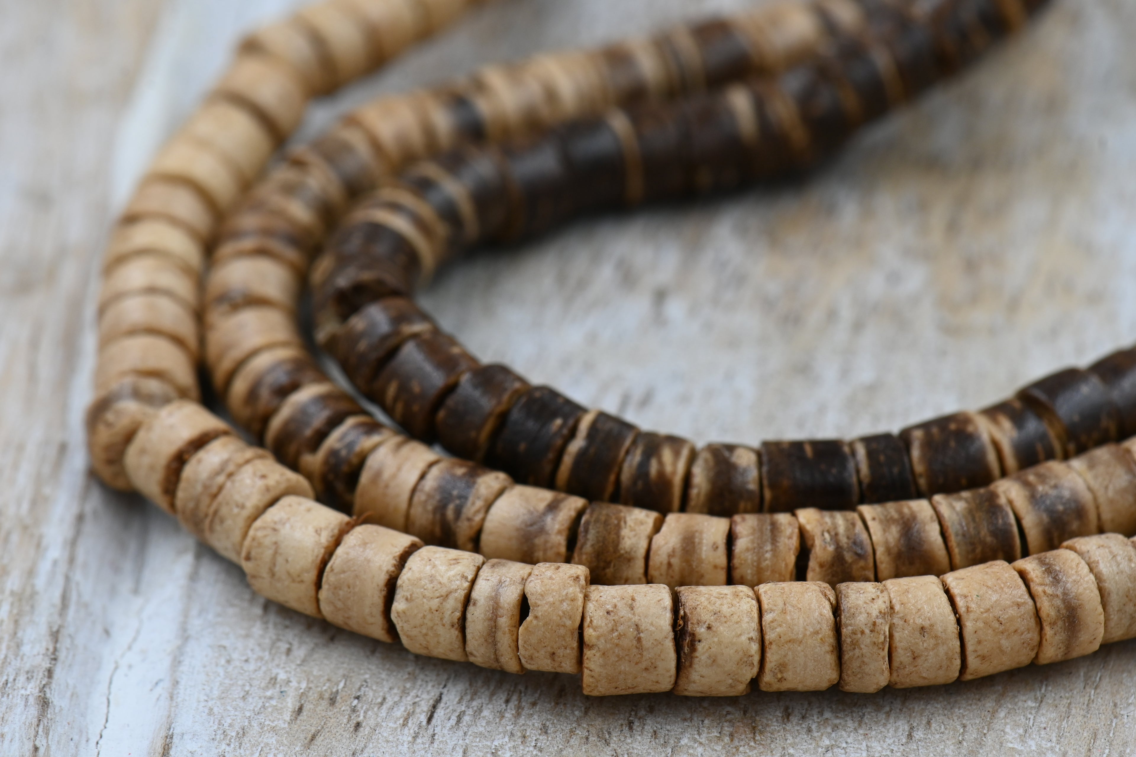 Coconut Shell Heishi Beads — 22″ Strand of Polished Brown Heishi (4×5mm) in Natural Beige, Tiger Brown, or Dark Brown
