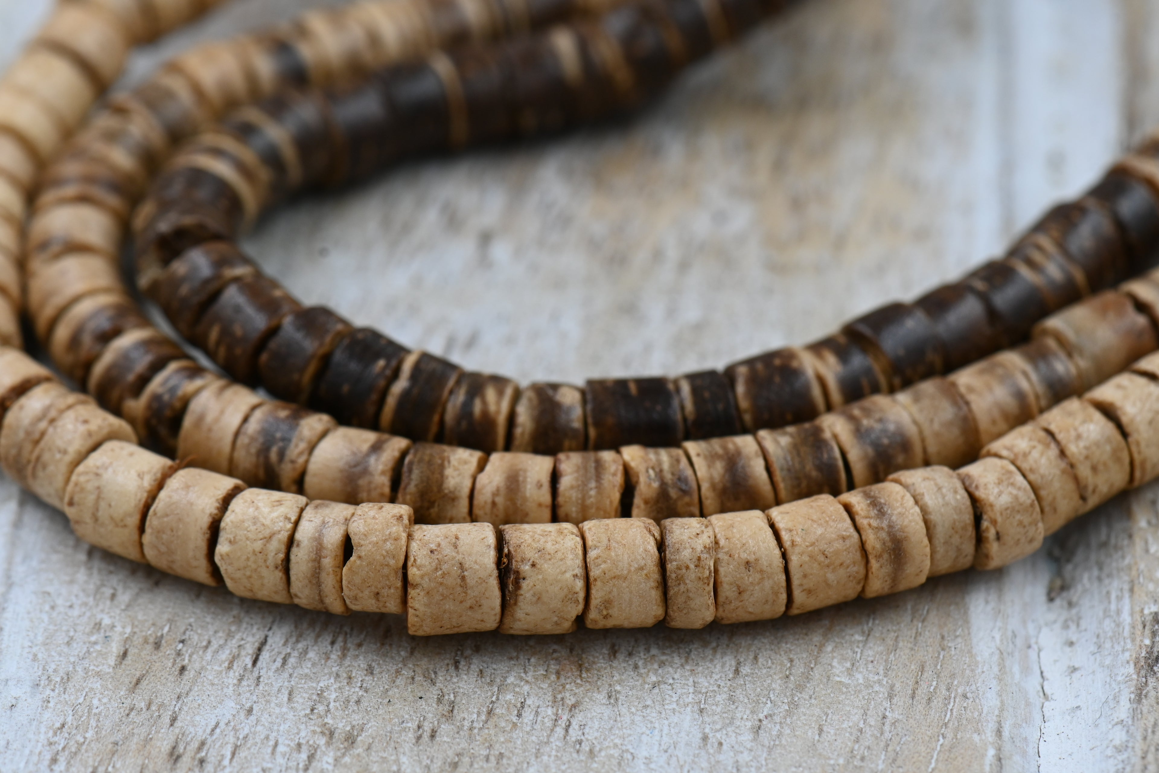 Coconut Shell Heishi Beads — 22″ Strand of Polished Brown Heishi (4×5mm) in Natural Beige, Tiger Brown, or Dark Brown