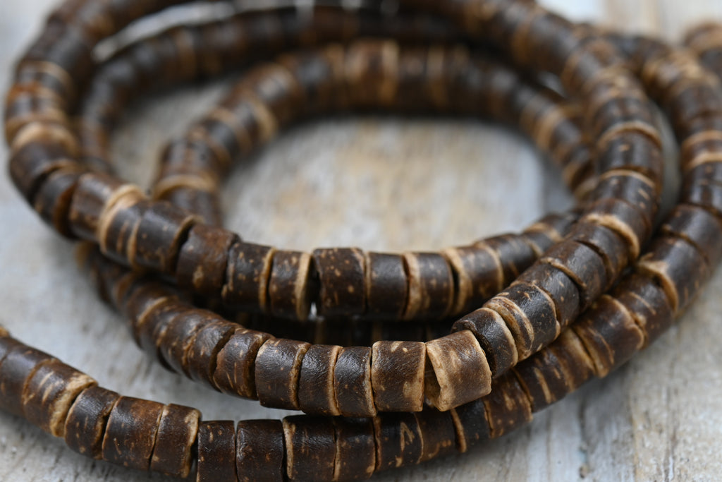 Coconut Shell Heishi Beads — 22″ Strand of Polished Brown Heishi (4×5mm) in Natural Beige, Tiger Brown, or Dark Brown