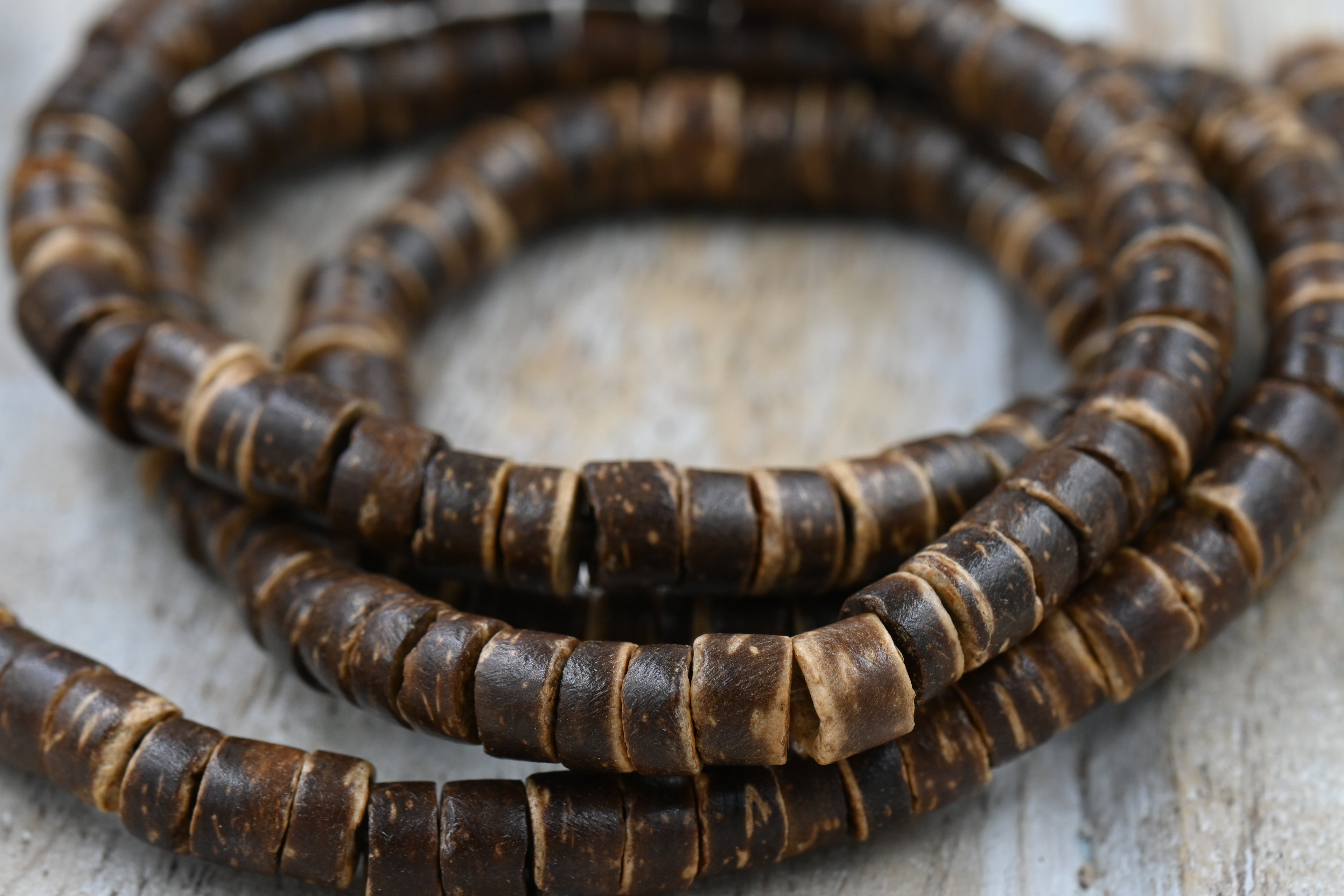 Coconut Shell Heishi Beads — 22″ Strand of Polished Brown Heishi (4×5mm) in Natural Beige, Tiger Brown, or Dark Brown