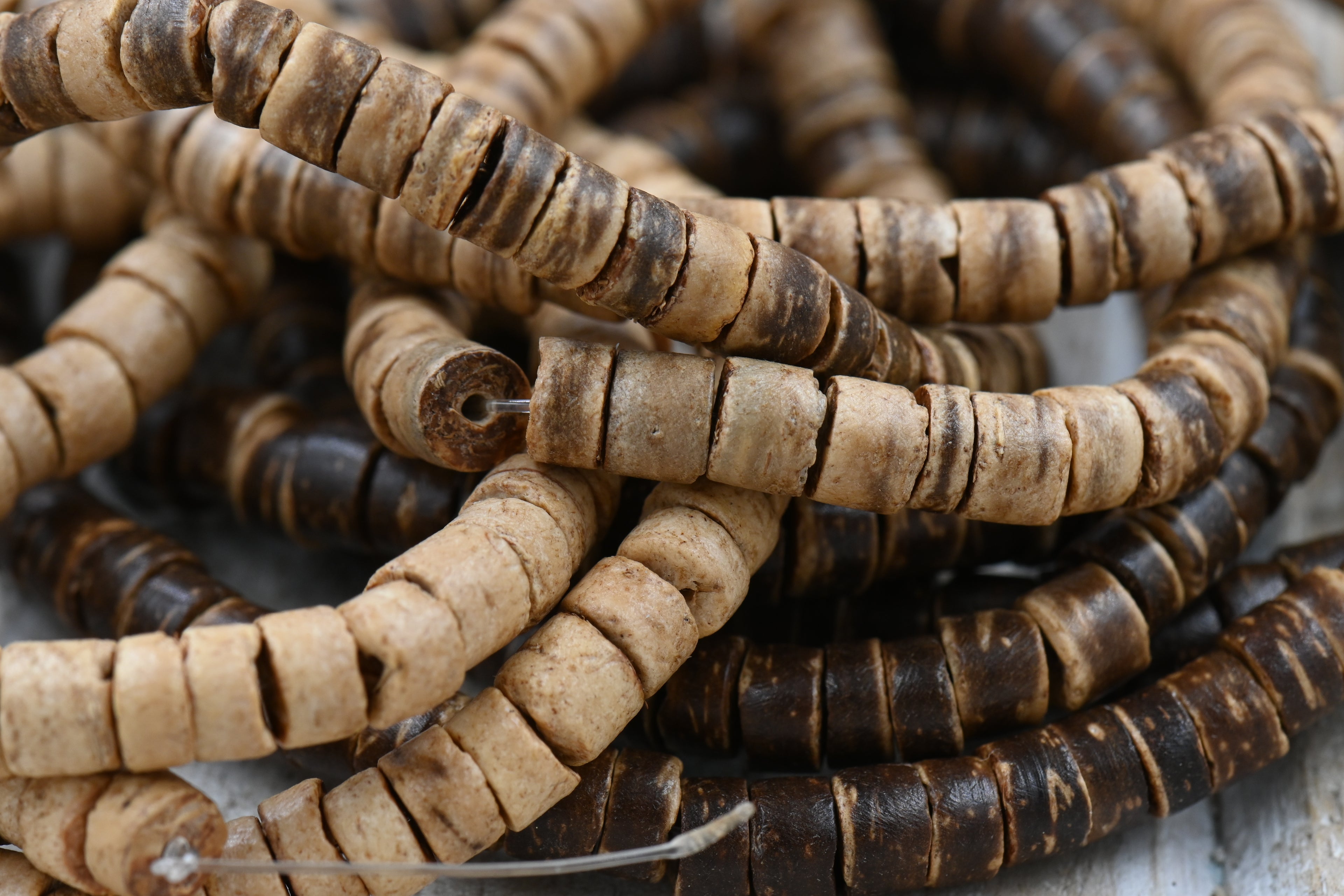 Coconut Shell Heishi Beads — 22″ Strand of Polished Brown Heishi (4×5mm) in Natural Beige, Tiger Brown, or Dark Brown