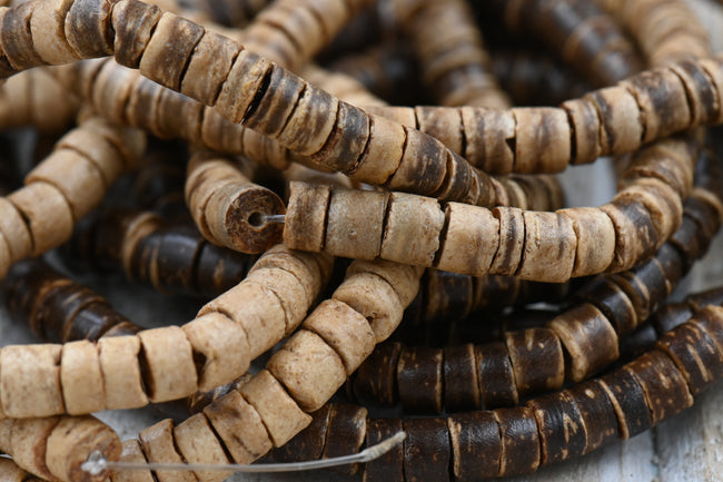 Coconut Shell Heishi Beads — 22″ Strand of Polished Brown Heishi (4×5mm) in Natural Beige, Tiger Brown, or Dark Brown Hover Image