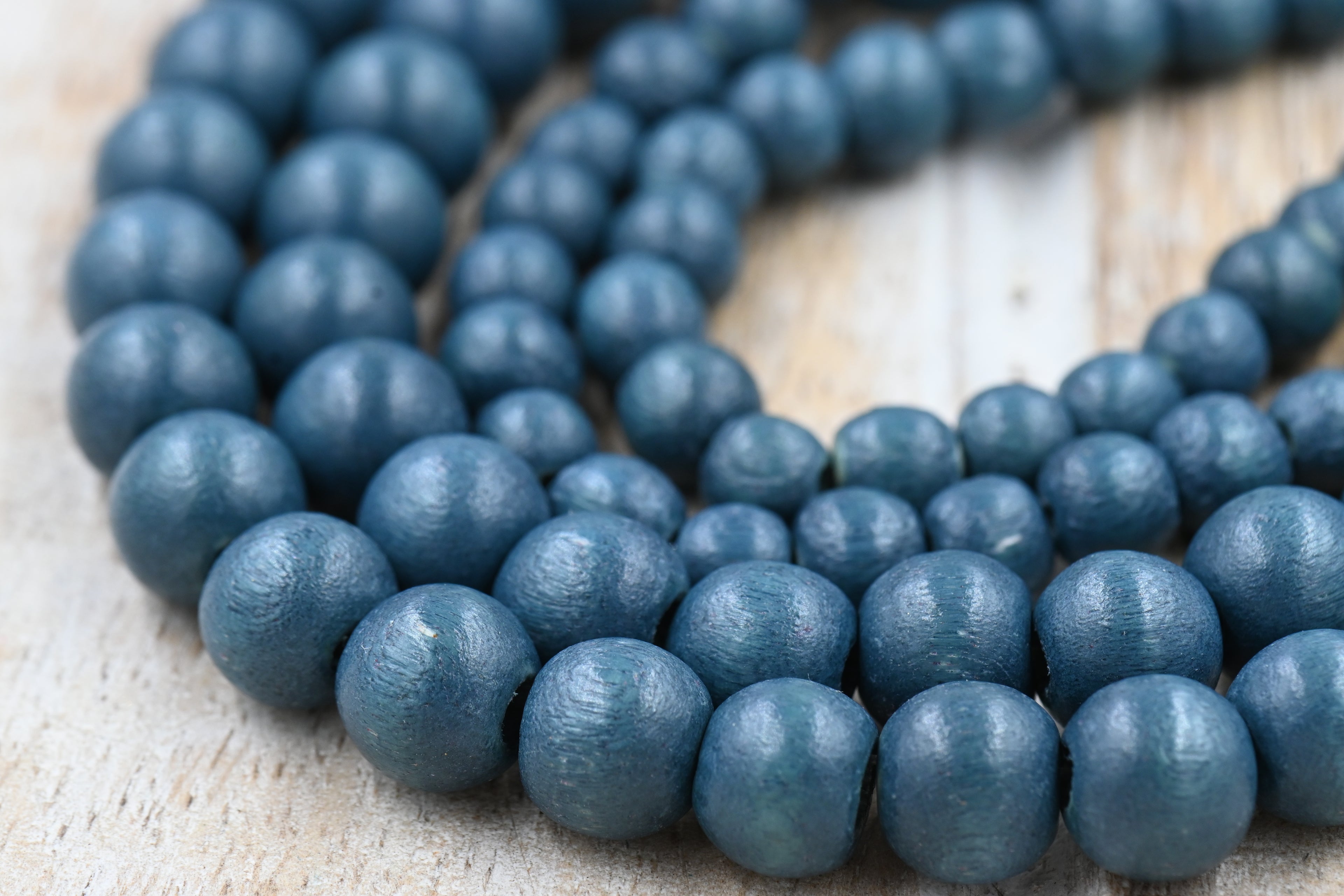 Pinewood Shadow — Dyed Waxed Wood Beads in Forest Blue Green Slate (Round, One or Two Strands)