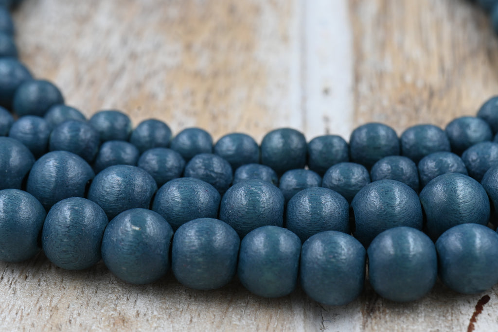 Pinewood Shadow — Dyed Waxed Wood Beads in Forest Blue Green Slate (Round, One or Two Strands)
