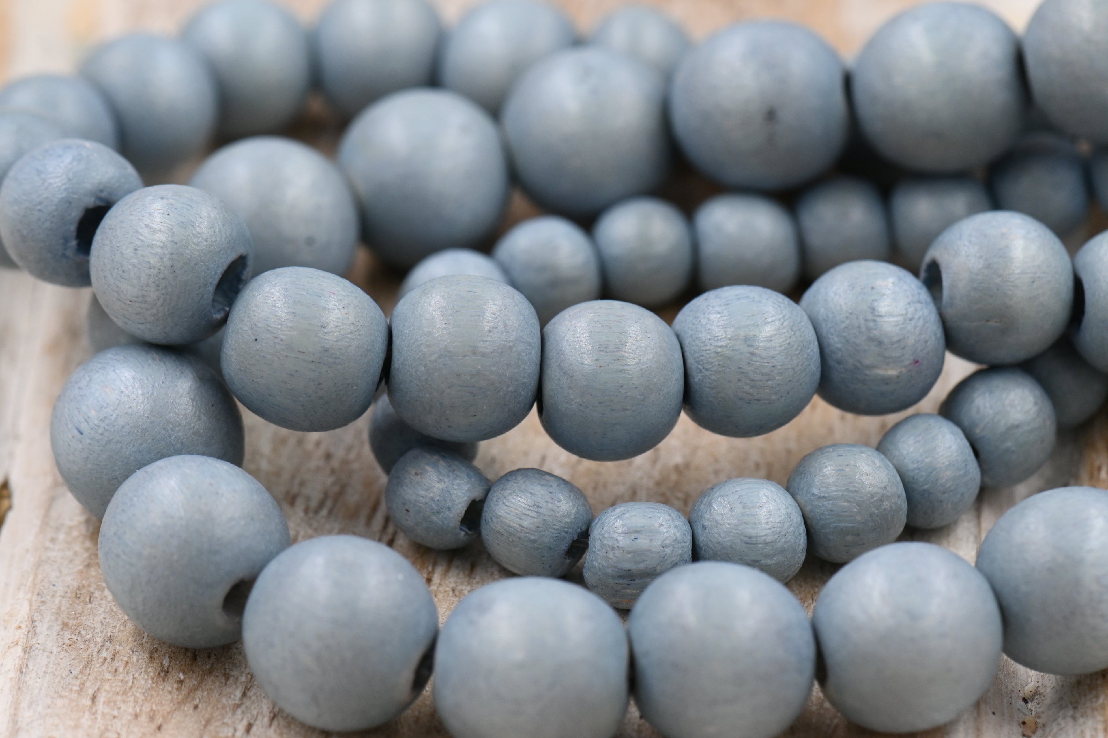 TWO STRANDS Winter Dusk Blue — Dyed Waxed Wood Beads in Soft Frosted Blue