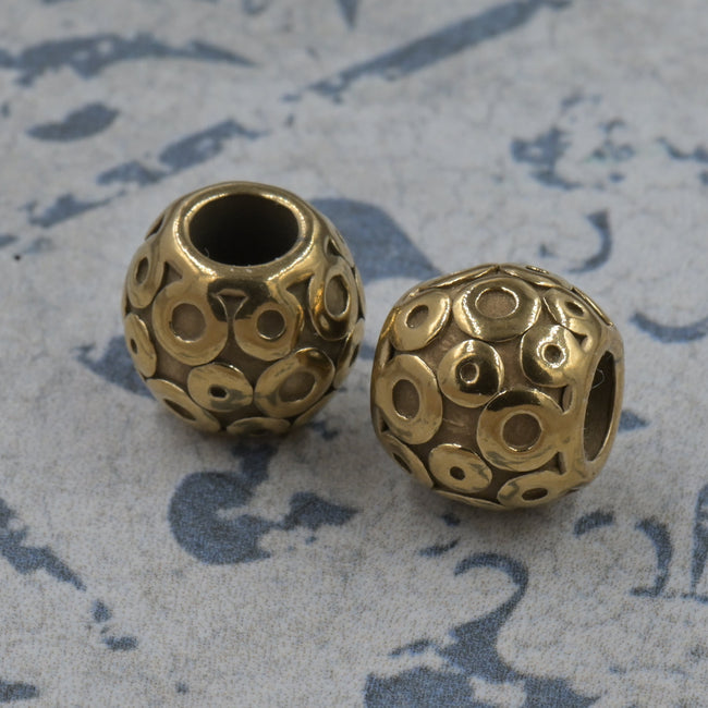 2pc Gold Circle Pattern Stainless Steel Large Hole Beads. Hover Image