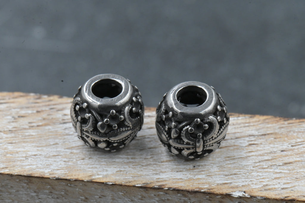 304 Stainless Steel European Beads, Large Hole Beads, Rondelle with Fleur De Lis, Antique Silver, 10x9mm