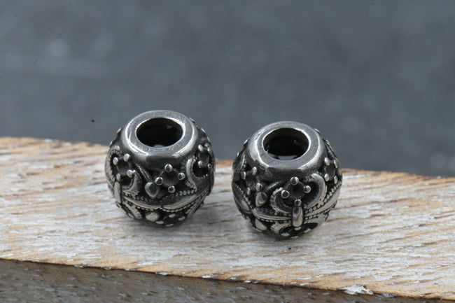 304 Stainless Steel European Beads, Large Hole Beads, Rondelle with Fleur De Lis, Antique Silver, 10x9mm Main Image