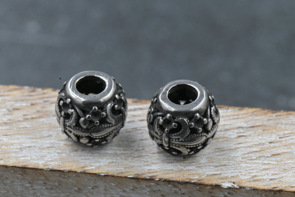304 Stainless Steel European Beads, Large Hole Beads, Rondelle with Fleur De Lis, Antique Silver, 10x9mm