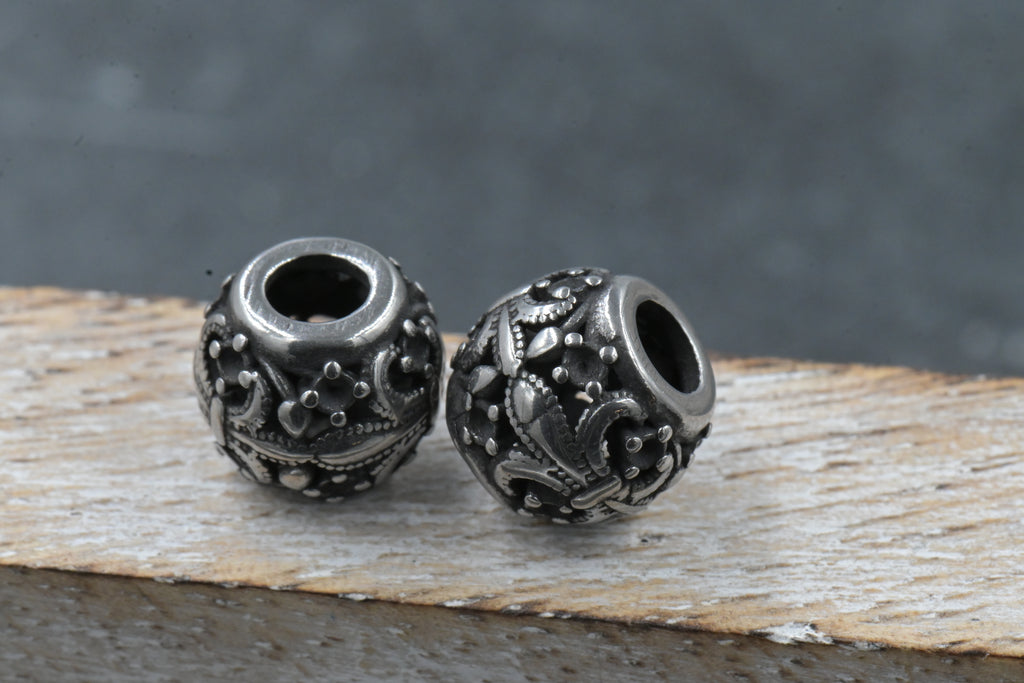 304 Stainless Steel European Beads, Large Hole Beads, Rondelle with Fleur De Lis, Antique Silver, 10x9mm