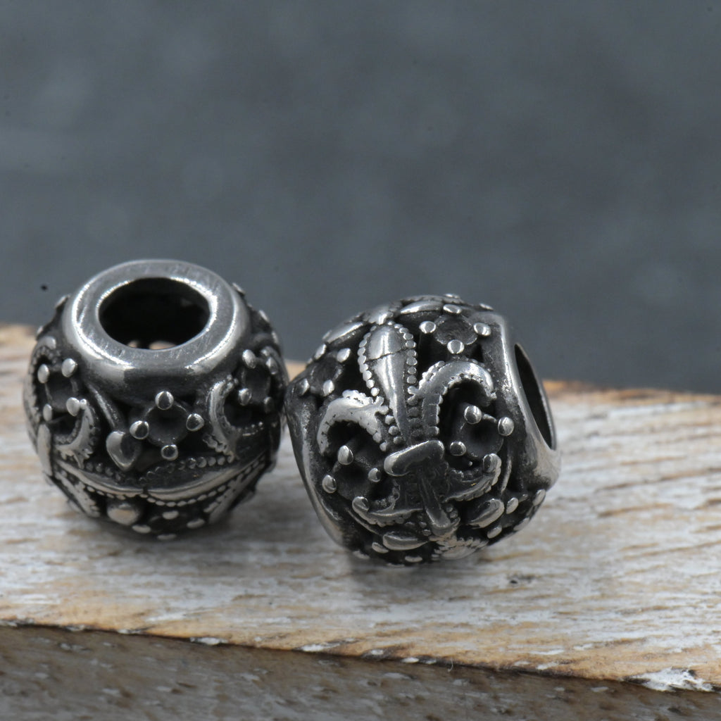 304 Stainless Steel European Beads, Large Hole Beads, Rondelle with Fleur De Lis, Antique Silver, 10x9mm