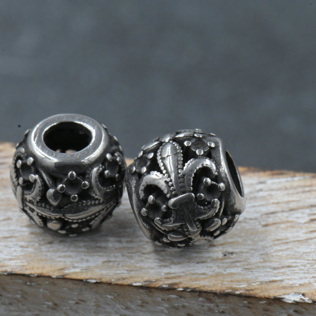 304 Stainless Steel European Beads, Large Hole Beads, Rondelle with Fleur De Lis, Antique Silver, 10x9mm Hover Image