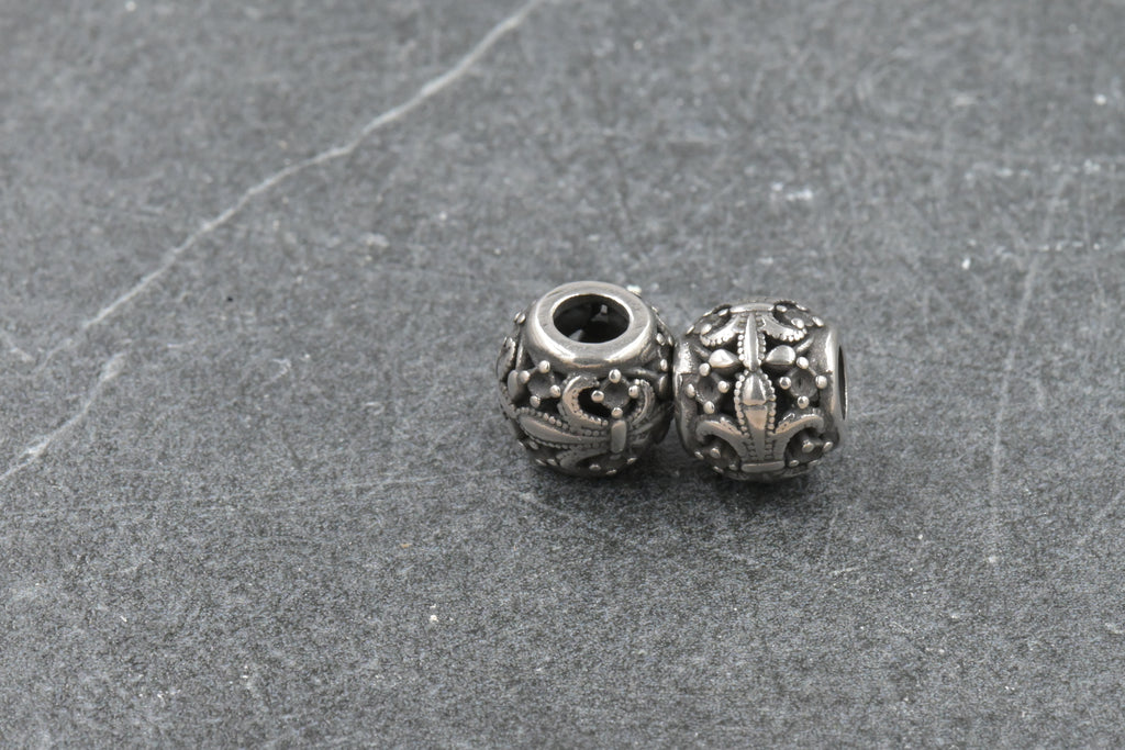 304 Stainless Steel European Beads, Large Hole Beads, Rondelle with Fleur De Lis, Antique Silver, 10x9mm