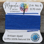 Blue thread spool with label on a wooden background