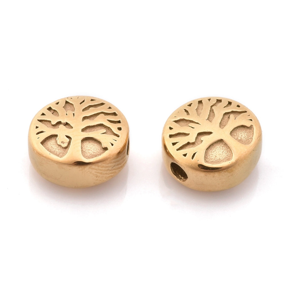 304 Stainless Steel Beads, Flat Round with Tree of Life, Antique Silver or Gold 10x5.5mm -1pc